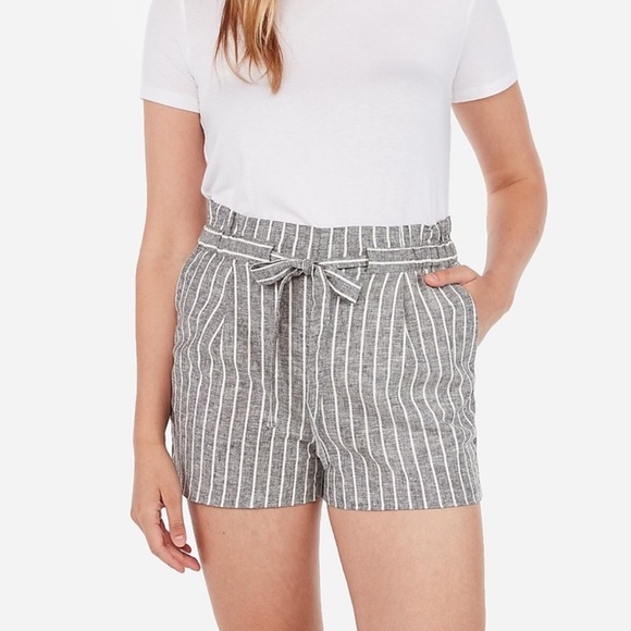 Express High Rise Striped Paperbag Waist Linen Shortie Shorts MEDIUM - Picture 3 of 13